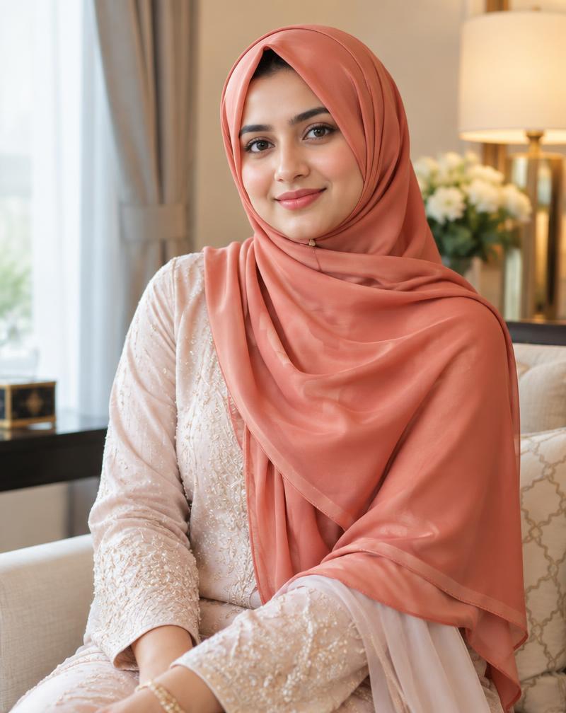 Woman in elegant modest coral attire