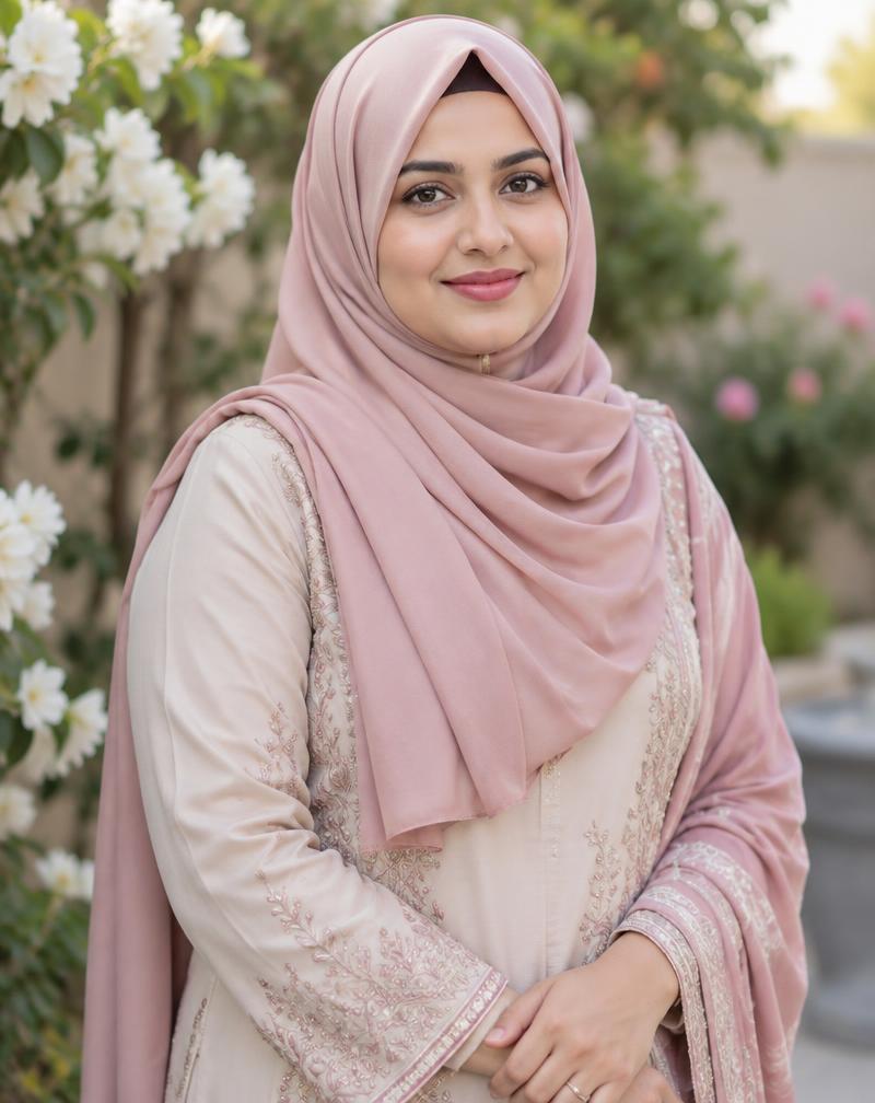 Woman in elegant modest rose attire
